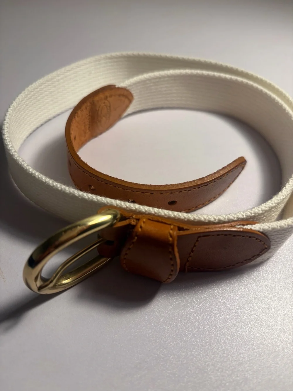 Belt Charter Club White Canvas Belt with Brown Leather and Gold Buckle